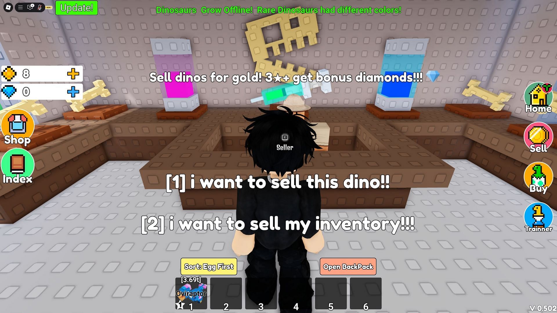 Here's where you sell fully grown dinosaurs to earn money (Image via Roblox)